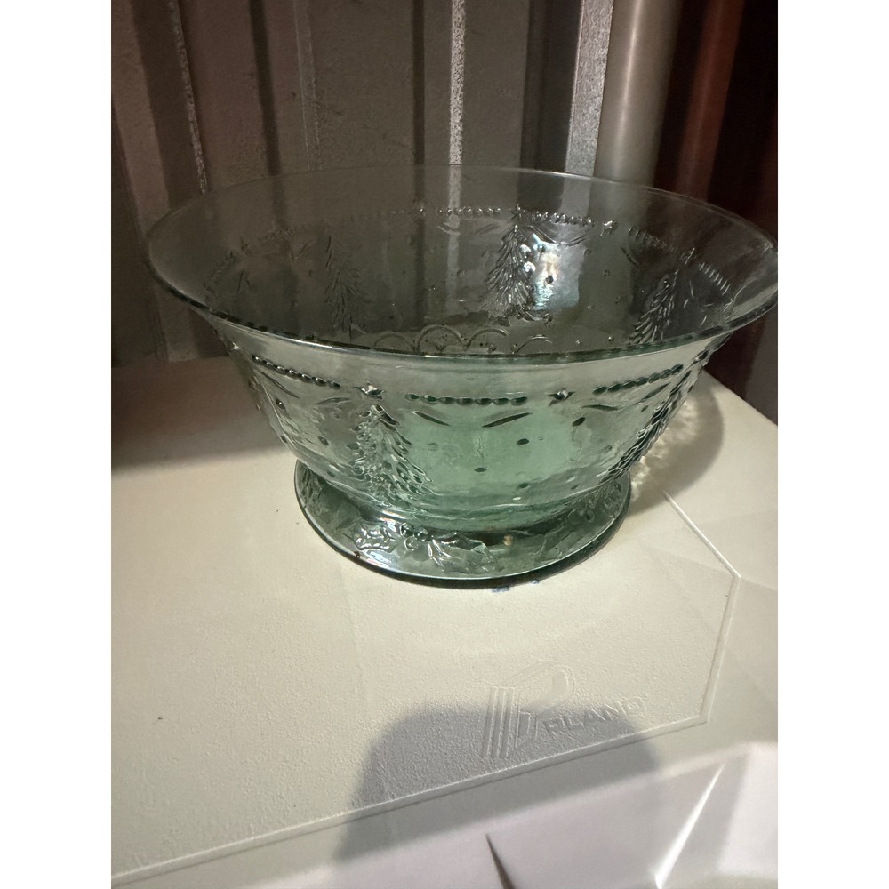 Vintage Green Glass Christmas Tree Embossed Footed Serving Bowl Holiday Decor